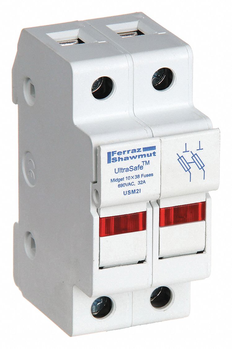Fuse Block: Finger-Safe, 2 Pole, 600 V AC, DIN Rail Mounting, Pressure Plate Termination