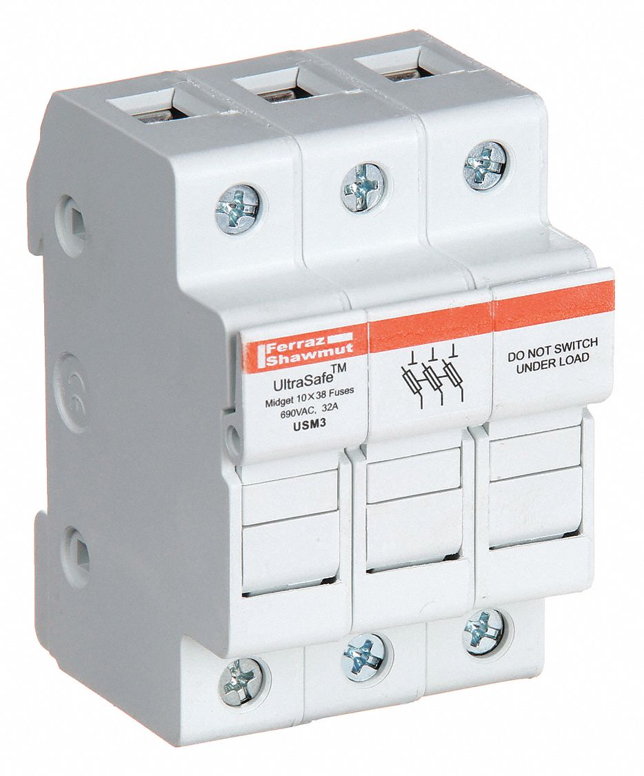 Fuse Block: Finger-Safe, 3 Pole, 800 V AC, DIN Rail Mounting, Pressure Plate Termination