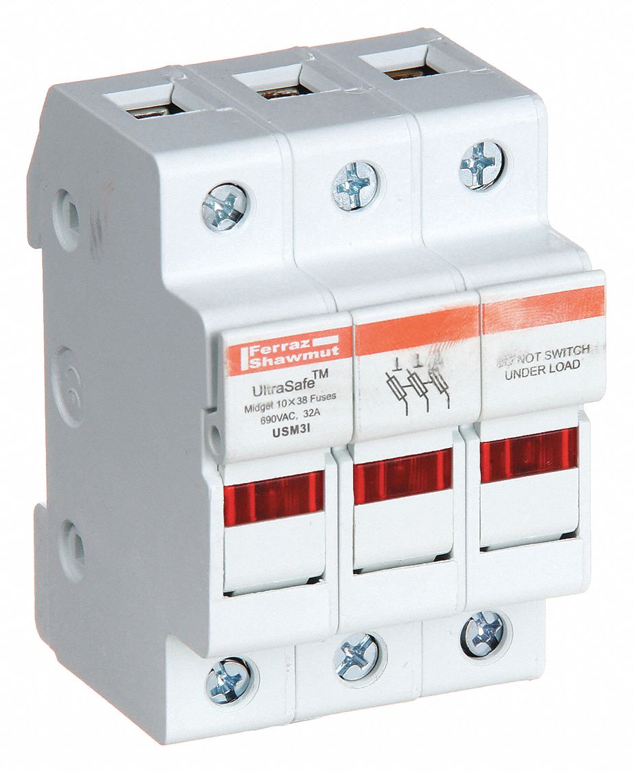 Fuse Block: Finger-Safe, 3 Pole, 600 V AC, DIN Rail Mounting, Pressure Plate Termination