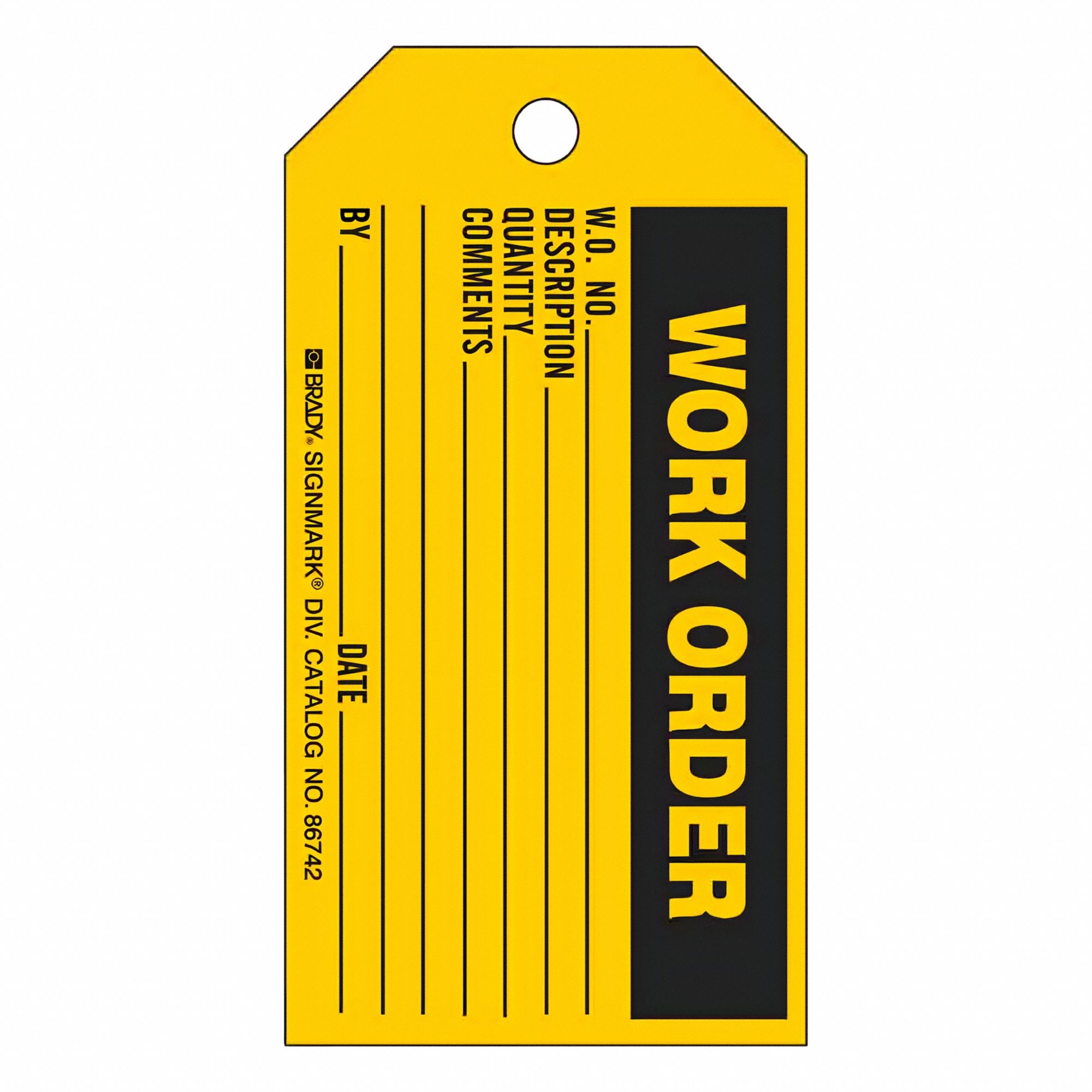 Tag: Work Order, 5 3/4 in Wd, 3 in Ht, Black/Yellow, Rectangle, Paper, Indoor, English, 100 PK