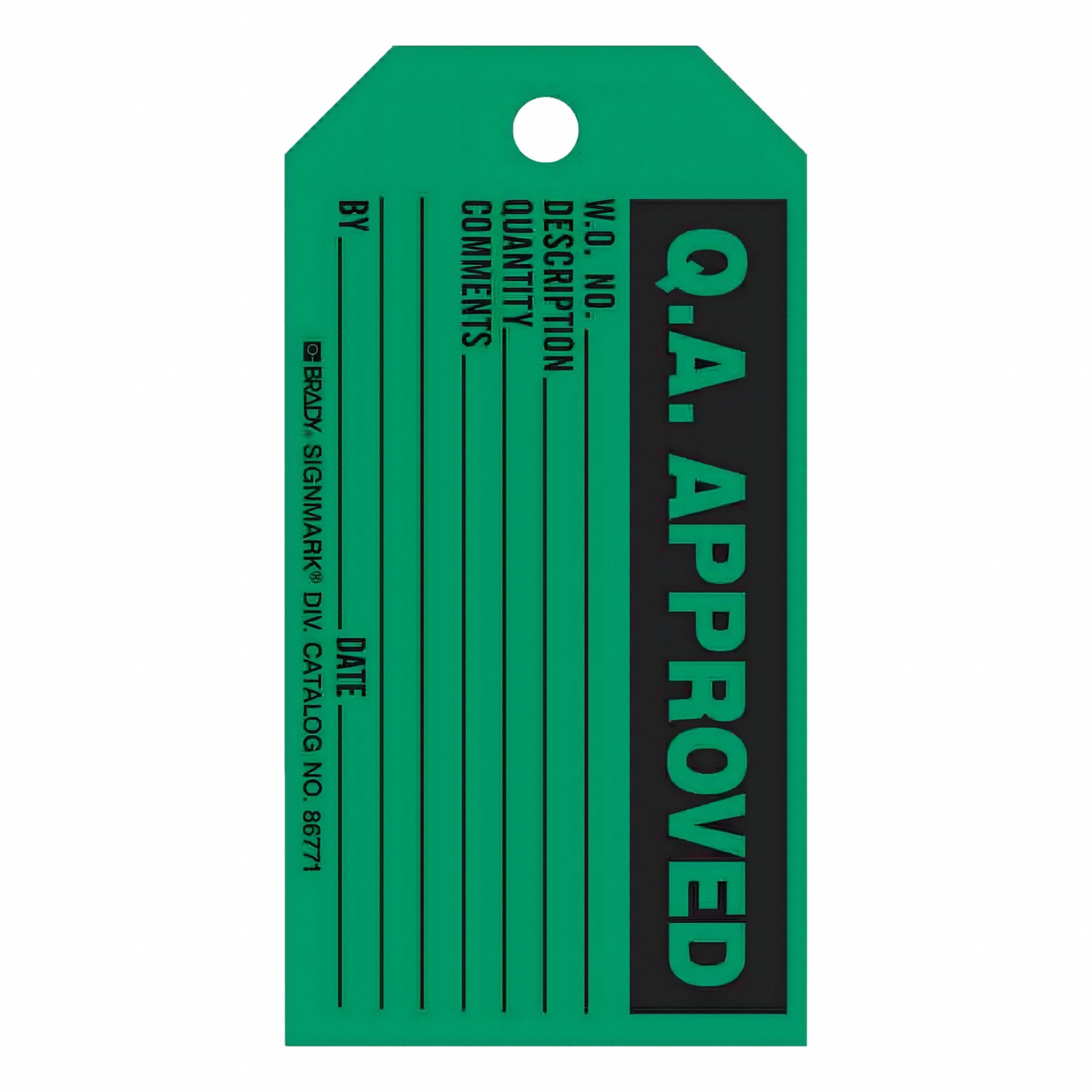 Tag: Q.A. Approved, 5 3/4 in Wd, 3 in Ht, Black/Green, Rectangle, Paper, Indoor, English, 100 PK