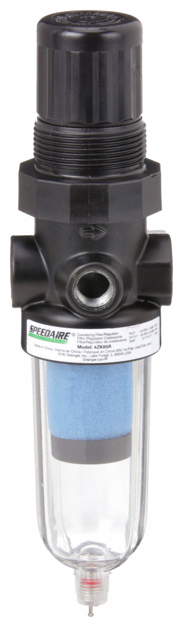 Filter-Regulator: Miniature Series, 1/8 in NPT, 4 cfm, 0.01 micron, 5 psi to 150 psi, Zinc