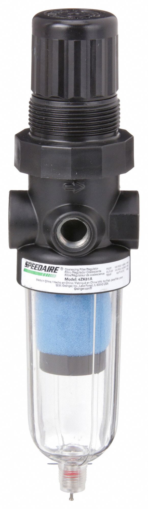 FILTER-REGULATOR, 1/4 IN NPT THREAD, 4 CFM, 0.01 MICRON, 5 PSI TO 150 PSI, MANUAL DRAIN, ZINC