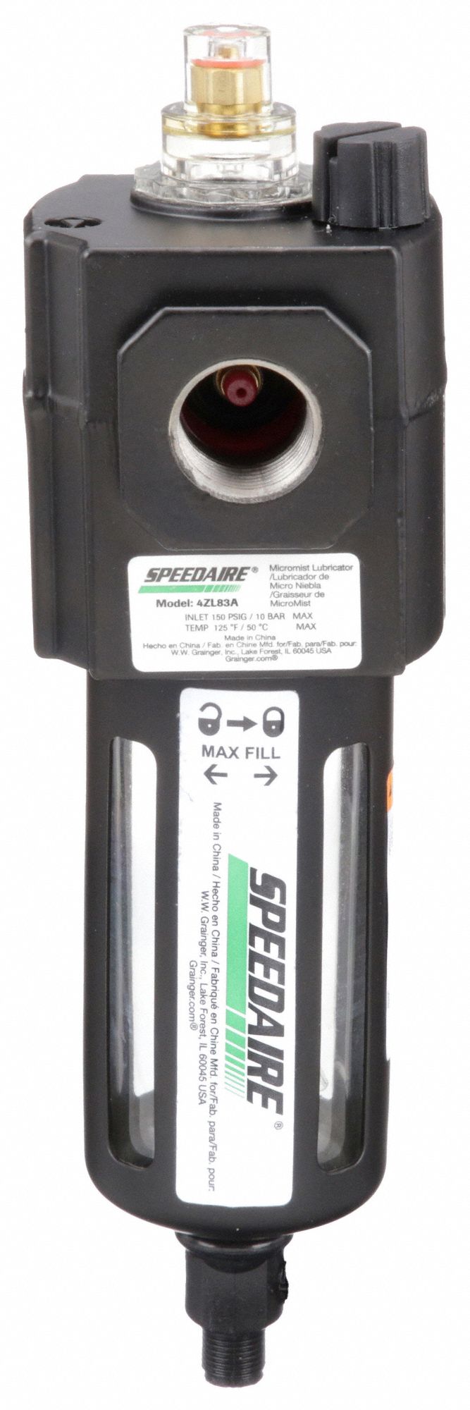 SPEEDAIRE Compressed Air Lubricator: Micro Mist, 1/2 in NPT, 95 cfm, 150  psi Max Op Pressure