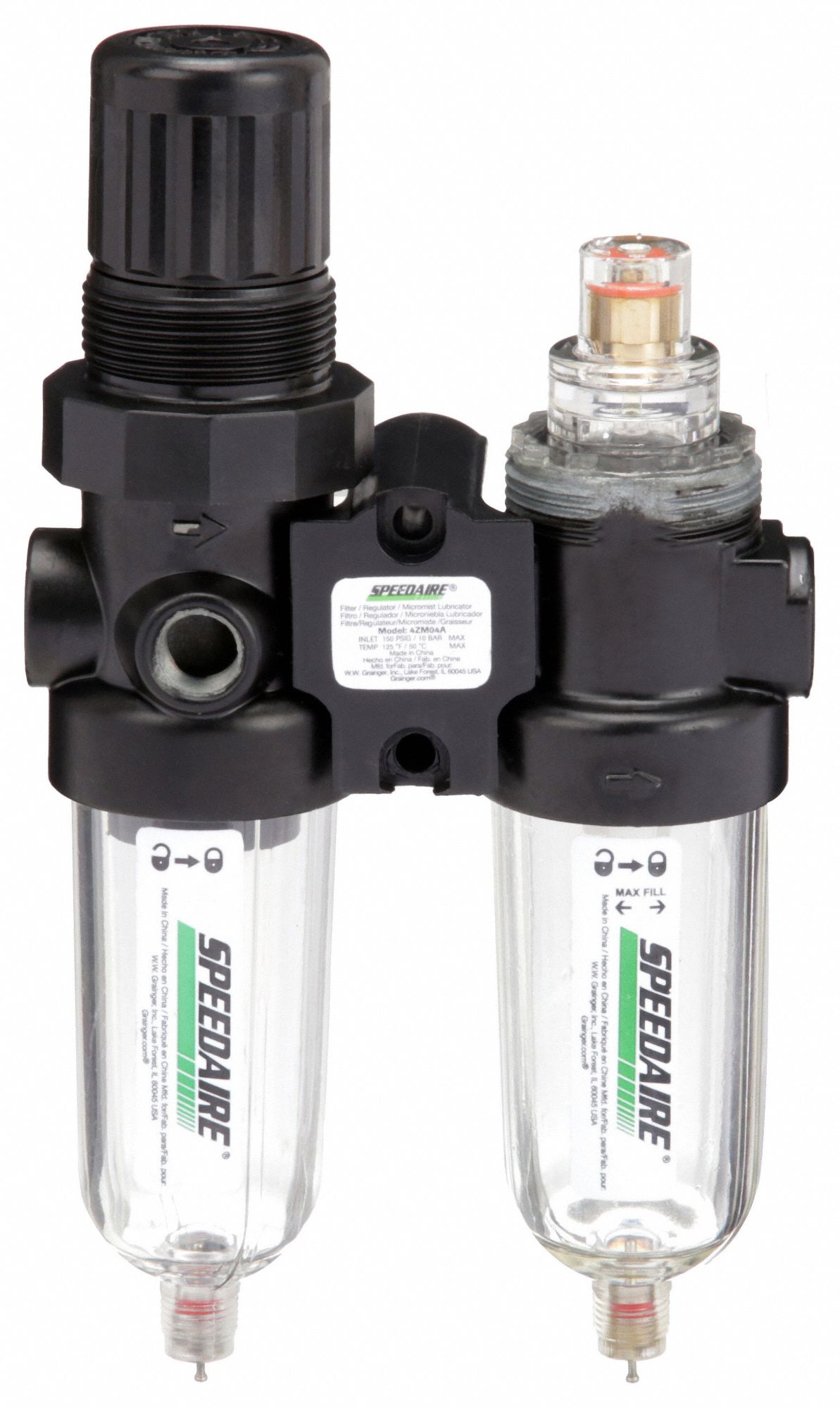 SPEEDAIRE Filter/Regulator/Lubricator: 1/4 in NPT, 10 cfm, 150 psi Max Op  Pressure, 5 micron