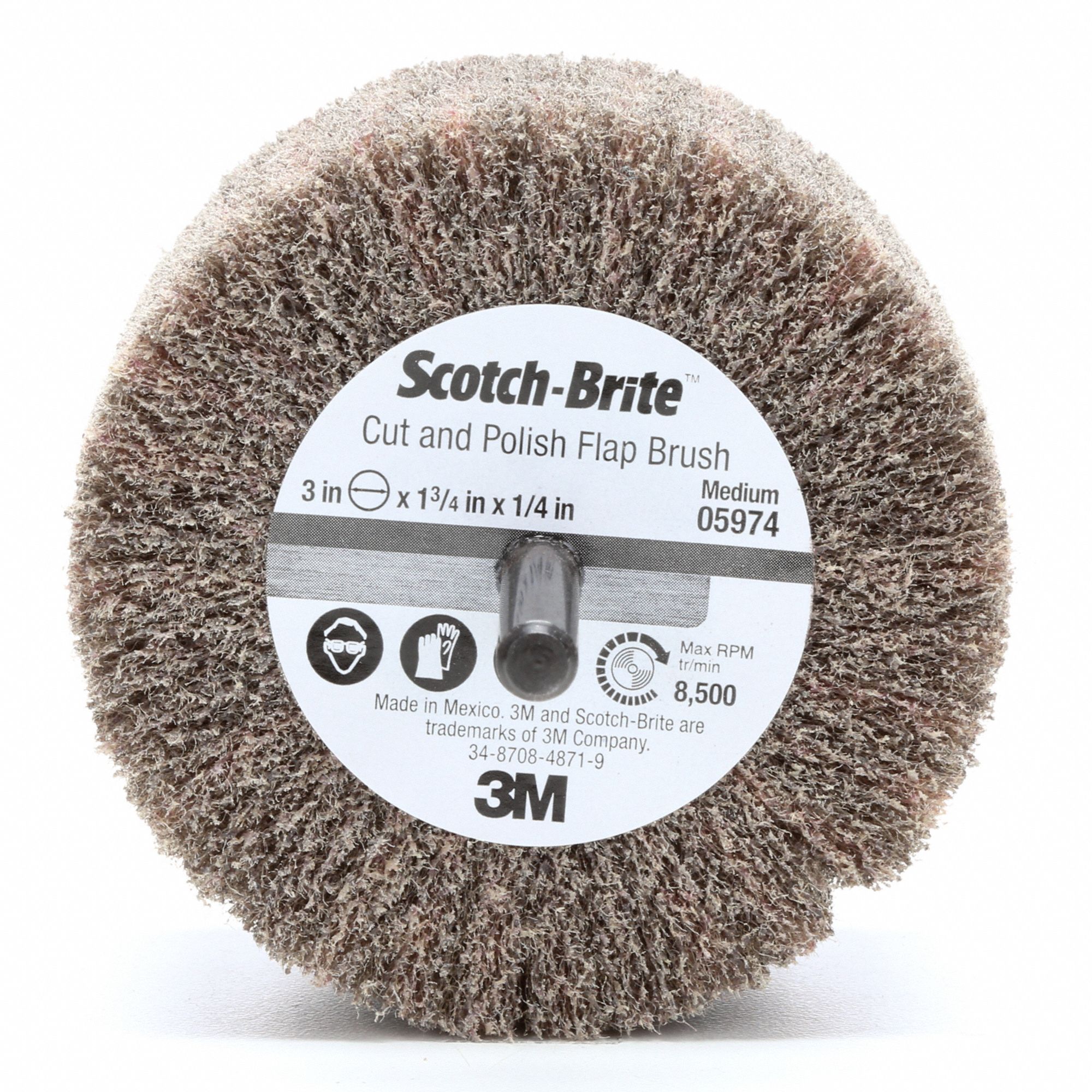 SCOTCH-BRITE Surface Conditioning Flap Wheel: 3 in Dia x 1 3/4 in W, 1/4 in  Straight-Shank, Medium