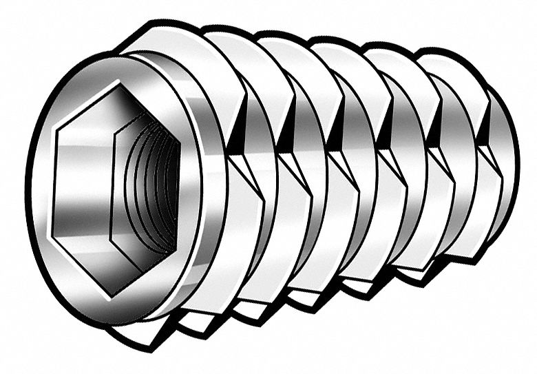 GRAINGER APPROVED Hex Drive Threaded Insert Flush, Die Cast Zinc Alloy