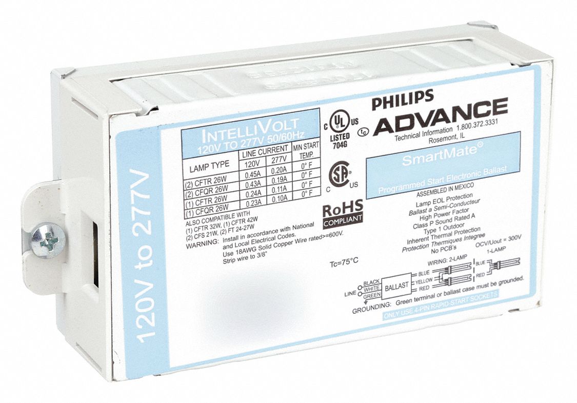 BALLAST CFL, COMPACT FLUORESCENT, 120 À 277VCA, 1 À 2 AMPOULES, 21W AMPOULE MAX