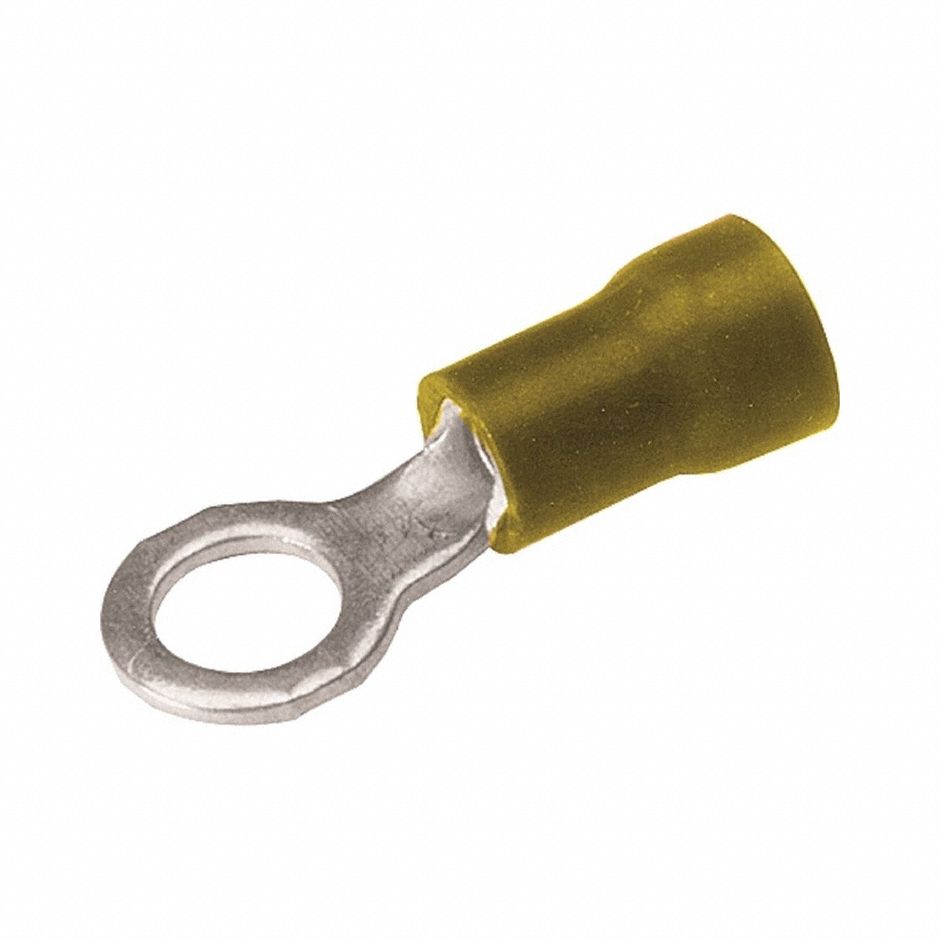 BURNDY Vinyl Ring Terminal For 12 - 10 AWG: Yellow, Vinyl Insulation, 3/8 in Stud Size, 600 V (MPN TP1038). Key specifications — attr1308027: BURNDY; attr1356587: Funnel Entry.