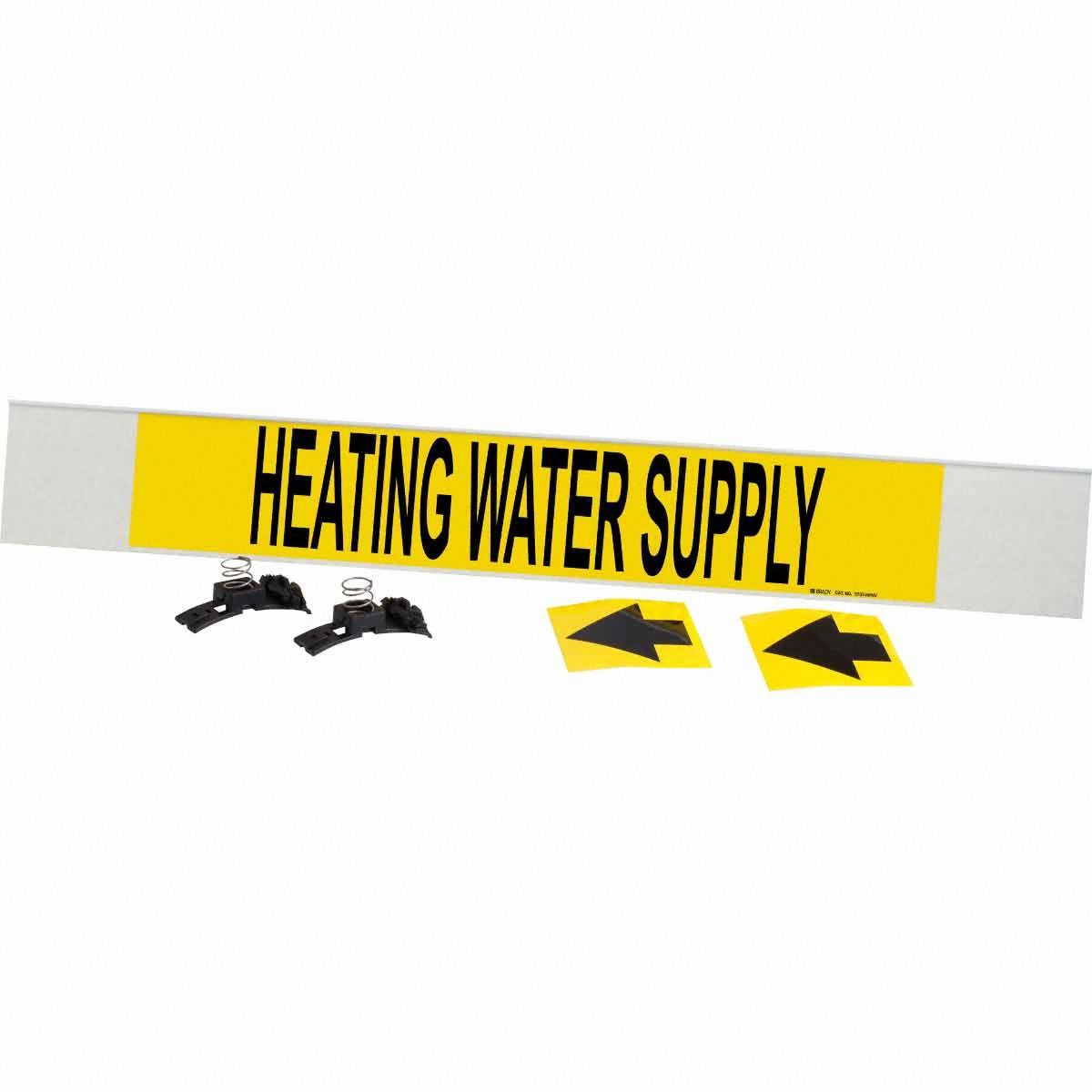 Pipe Marker: Heating Water Supply, Yellow, Black, Fits 8 in and Larger Pipe O.D., 1 Pipe Markers