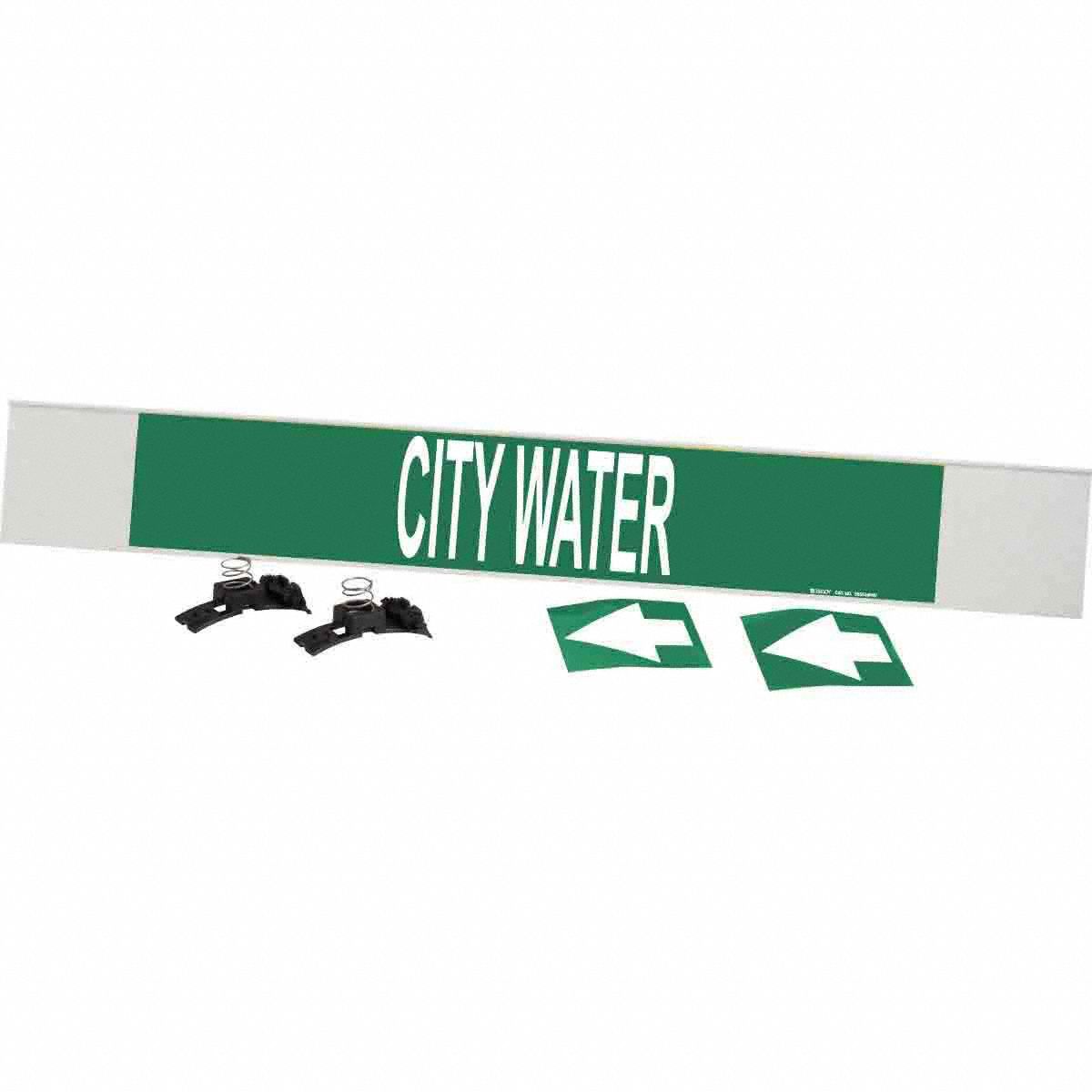 Pipe Marker: City Water, Green, White, Fits 8 in and Larger Pipe O.D., 1 Pipe Markers, With Arrows