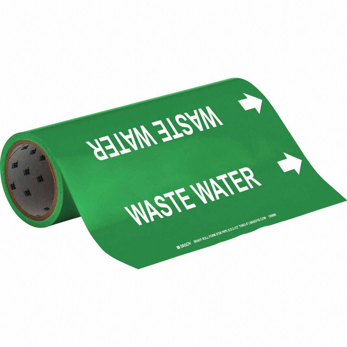 Pipe Marker: Waste Water, Green, White, Fits 2 1/2 to 6 in Pipe O.D., 30 Pipe Markers, With Arrows