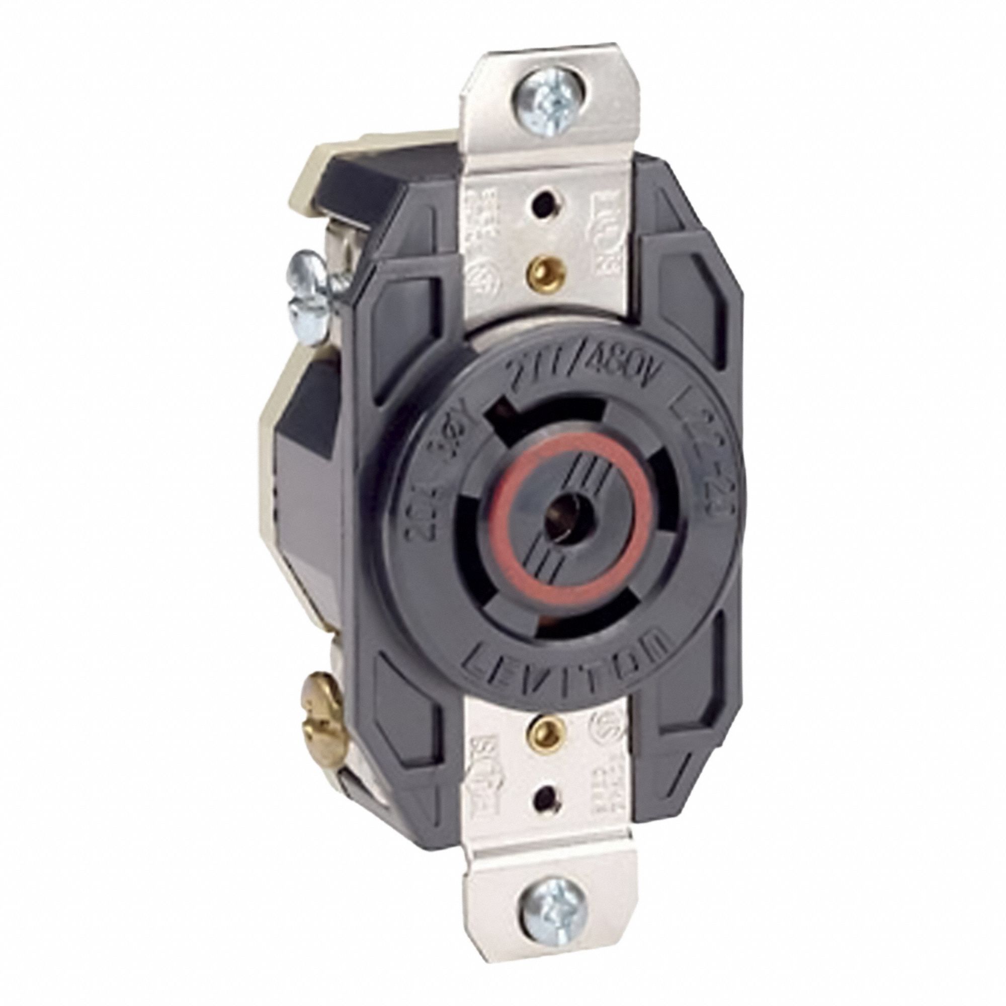 Flush Mounting Lock Receptacle: L23-20R, 20 A, 347/600V AC, Black, 4 Poles, Shrouded