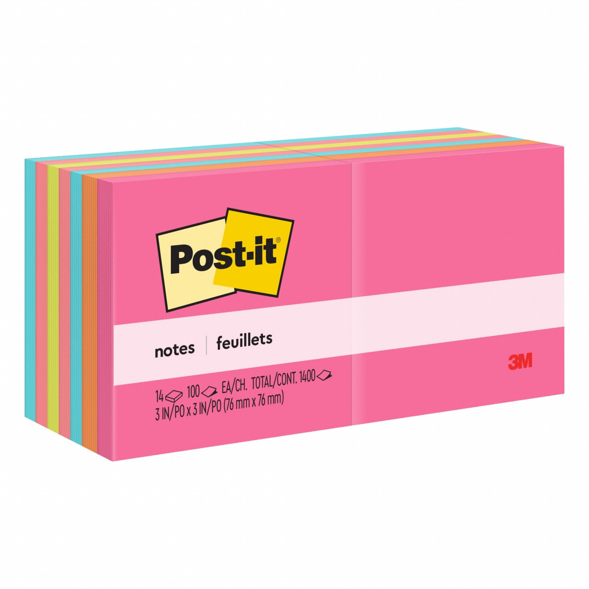 Sticky Notes: Assorted Bright, Std, 100 Sheets per Pad, 14 Pads per Pack, 3 in x 3 in, 14 PK