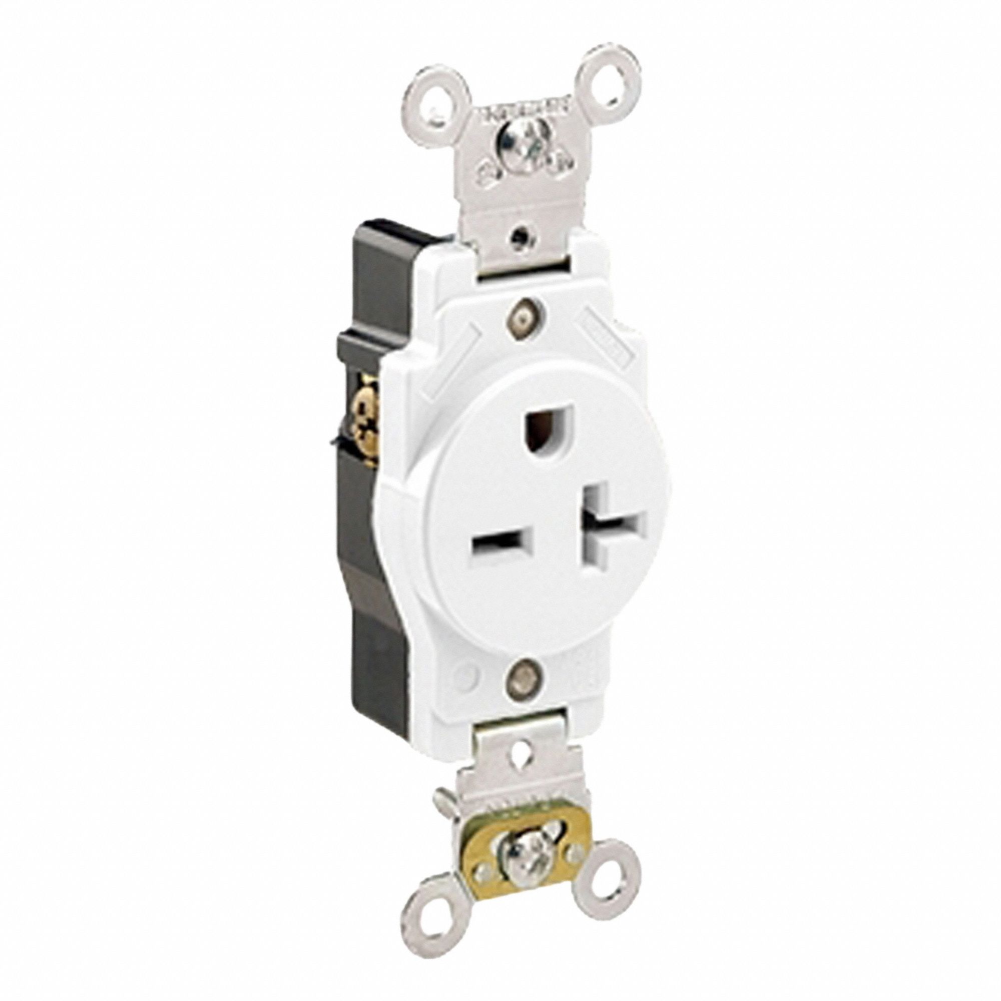 Single Receptacle Outlet: Single, 6-20R, 250V AC, 20 A, White, 2 Pole / 3 Wire