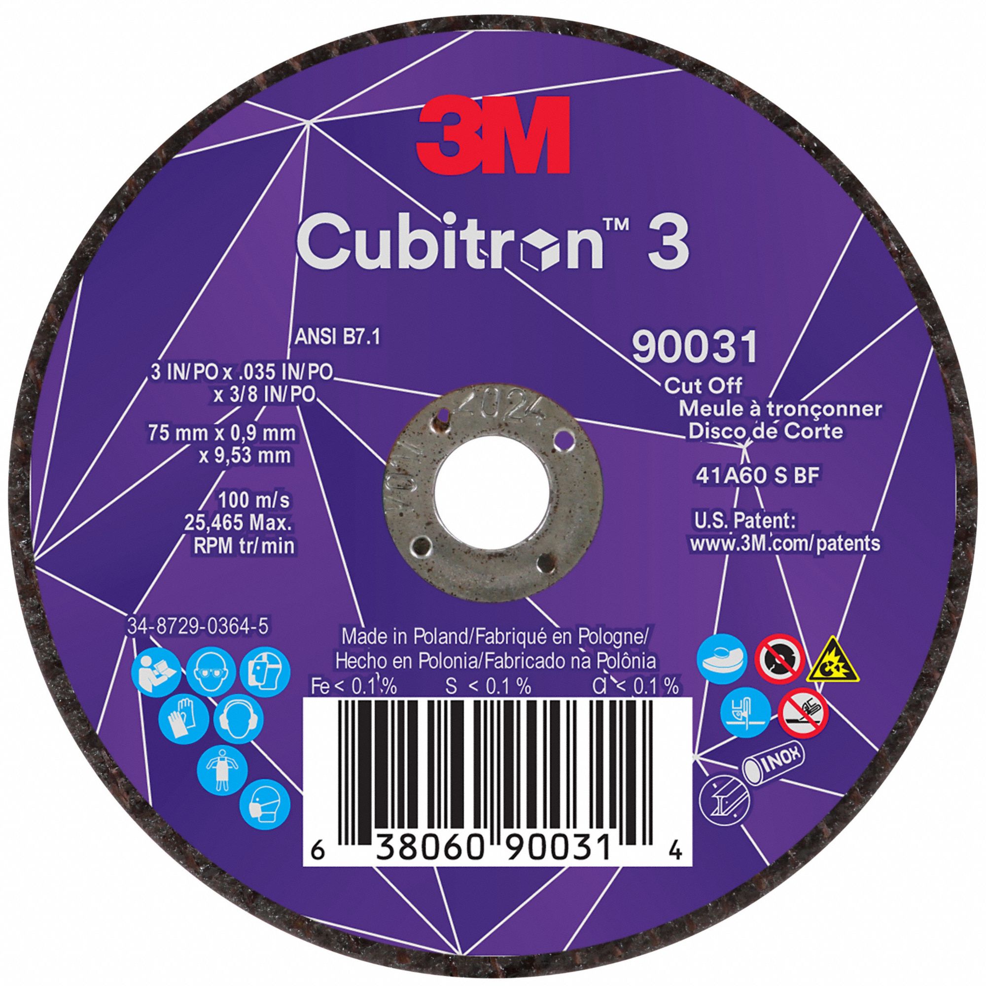 Abrasive Cut-Off Wheel: Type 1, 3" x 0.035" x 3/8", Ceramic, 60 Grit