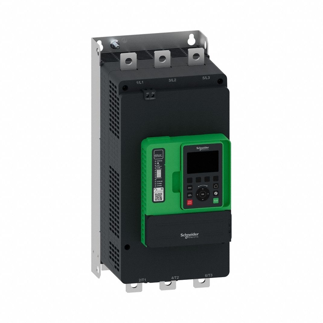 SCHNEIDER Soft Start: 208-690V AC, 210 A Output Current, With Bypass, IP00, 60/50 Hz, Three Phase (MPN ATS490C21Y). Key specifications — Control Voltage: 110-230V AC; Manufacturer Part Number: ATS490C21Y.