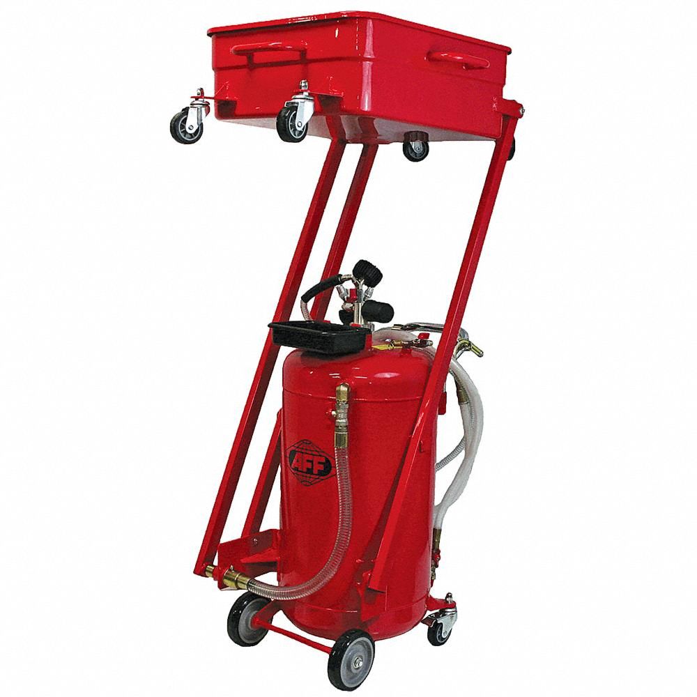 Waste Oil Drain: 23.75 gal Capacity, 15 3/4 in Overall Dia, 20 in Overall Ht, 21 in Overall Lg, Red