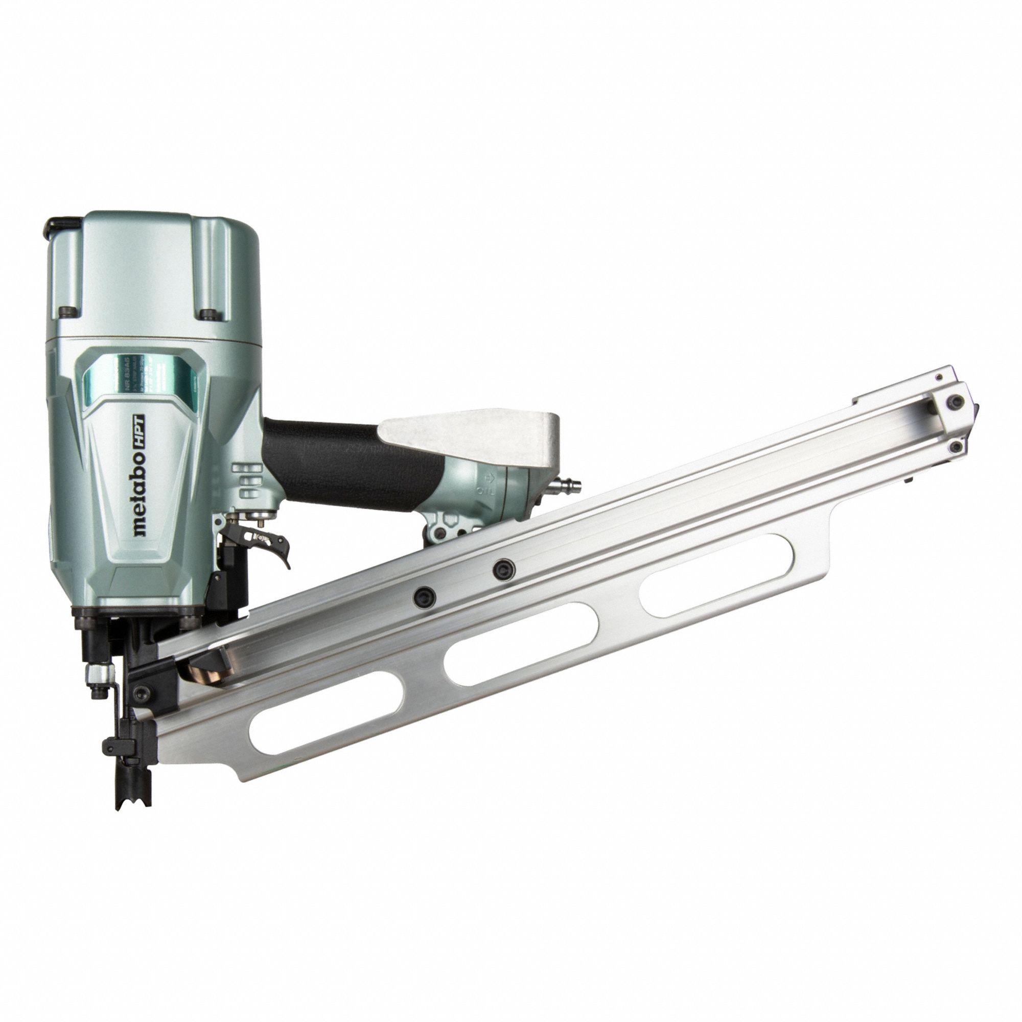 METABO HPT Air Nail Gun: Framing, 21°, Plastic, 3/8 in NPT, Bump/Sequential, Strip Collation (MPN NR83A5(Y)M). Key specifications — attr1320923: METABO HPT; attr1320894: Bump.
