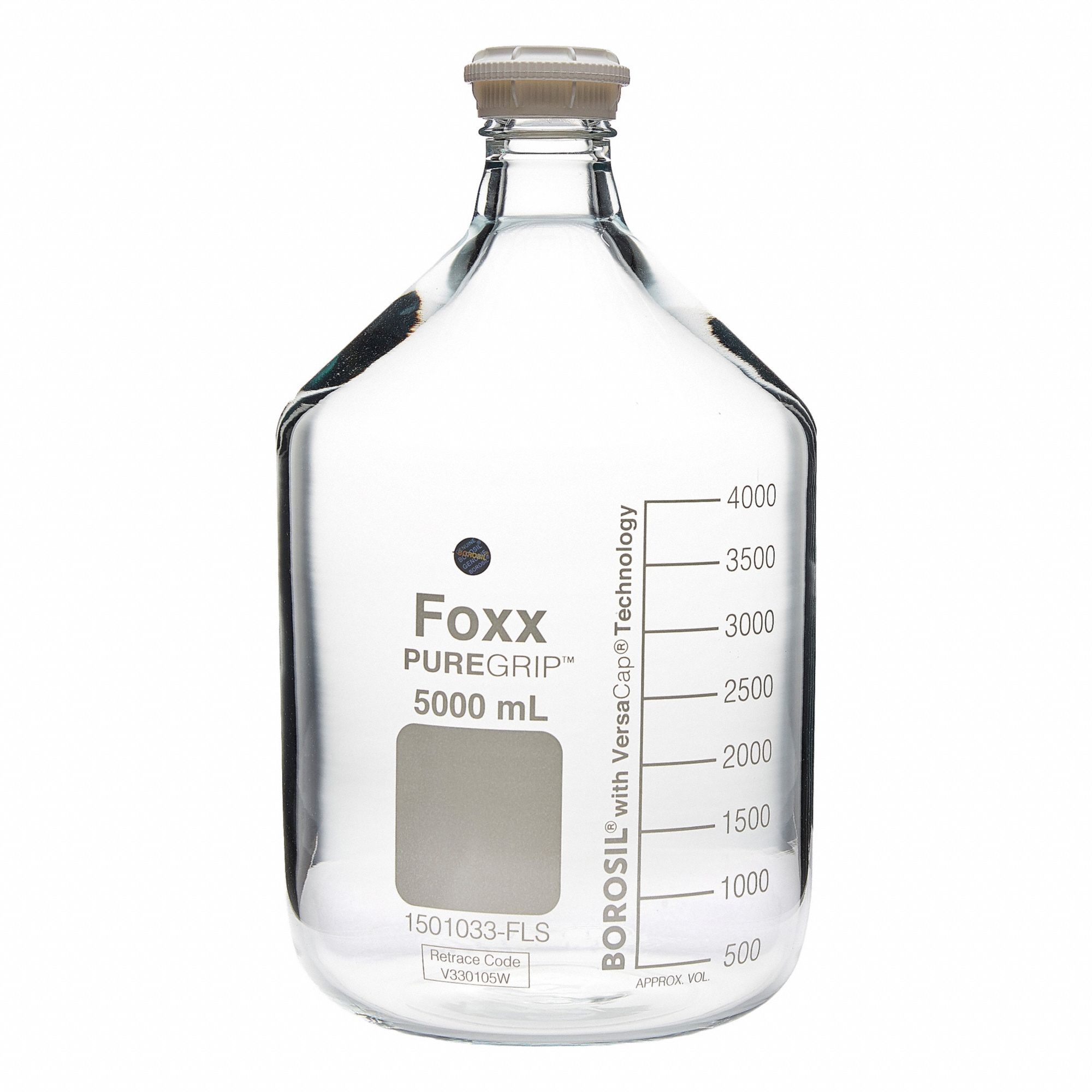 FOXX LIFE SCIENCES Glass Media, BOD, & Specialty Lab Bottles - Glass Lab Media Bottles: 10 L, GL45 (MPN 1501038-FLS). Key specifications — Closure Type: Screw-On; Mouth Size: Wide; Screw Closure Size: GL45; Brand: FOXX LIFE SCIENCES; Body Color: Colorless.