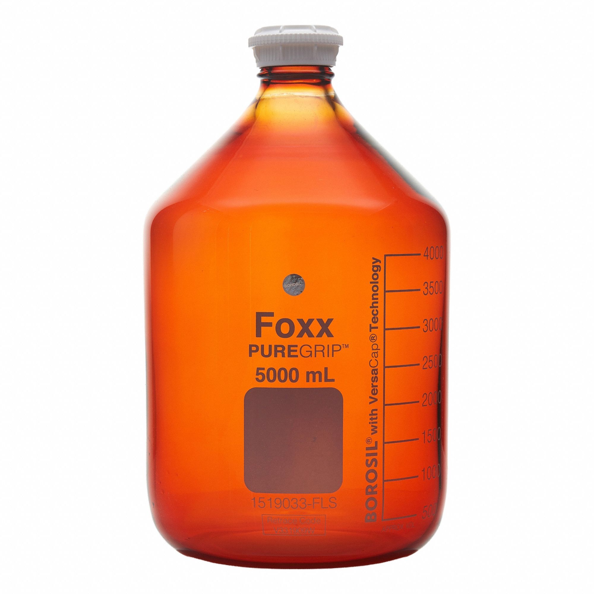 FOXX LIFE SCIENCES Glass Media, BOD, & Specialty Lab Bottles - Glass Lab Media Bottles: 10 L, GL45 (MPN 1519038-FLS). Key specifications — Closure Type: Screw-On; Mouth Size: Wide; Screw Closure Size: GL45; Brand: FOXX LIFE SCIENCES; Body Color: Amber.