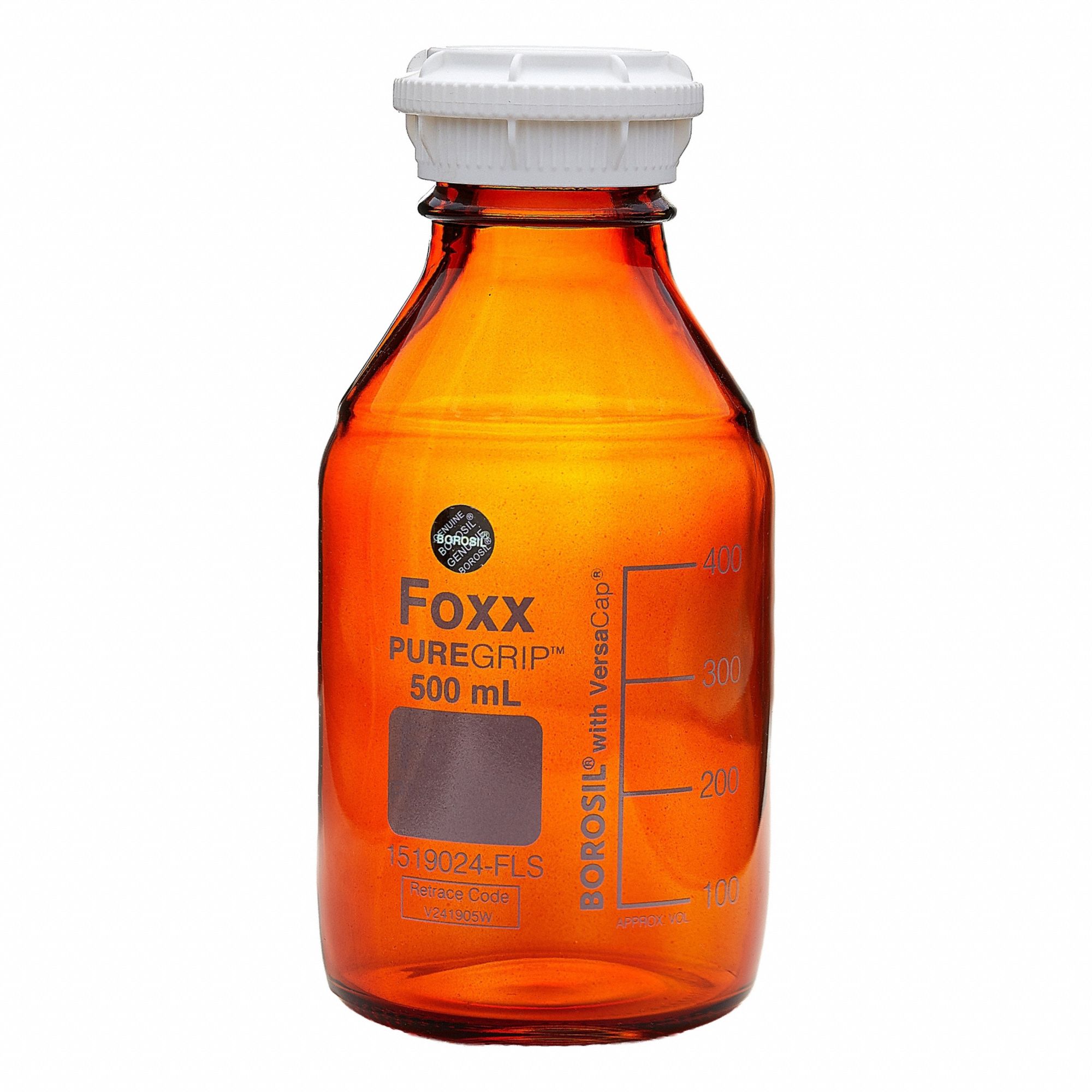 FOXX LIFE SCIENCES Glass Media, BOD, & Specialty Lab Bottles - Glass Lab Media Bottles: 1 L, GL45 (MPN 1519029-FLS). Key specifications — Closure Type: Screw-On; Mouth Size: Wide; Screw Closure Size: GL45; Brand: FOXX LIFE SCIENCES; Body Color: Amber.
