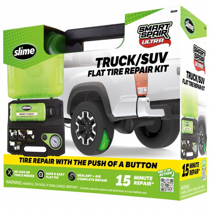 Tire Repair Kit: 60 psi Max Air Pressure, 2 ft Hose Lg, Plastic, 11 in Overall Lg