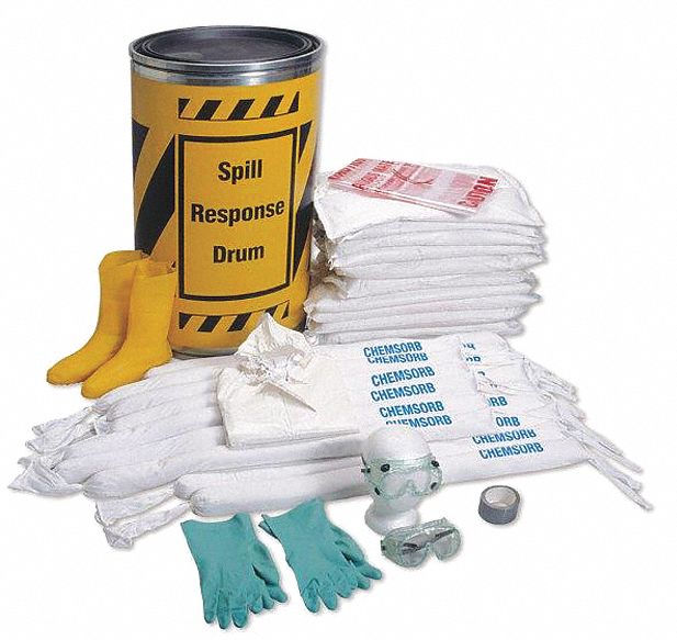 Spill Kit: 20 gal Volume Absorbed Per Kit, 30 gal Drum, Yellow, 30 gal Container Capacity
