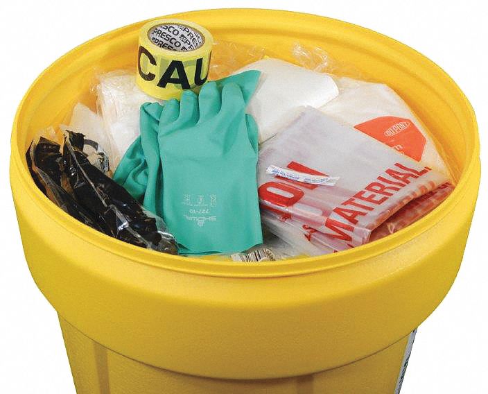 Spill Kit: 30 gal Volume Absorbed Per Kit, 55 gal Drum, Yellow, 55 gal Container Capacity