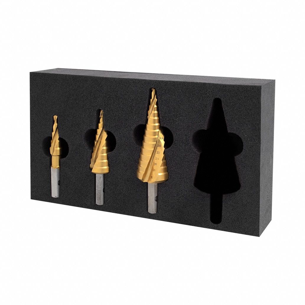 Step Drill Bit Set: 3 Pc, 3/16" to 1-3/8", TiN-Coated HSS, 118° Point