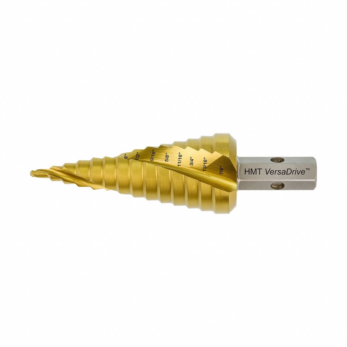 Step Cone Drill Bit: 1/4" to 1-3/8", TiN-Coated HSS, Impact Rated, Hex Shank