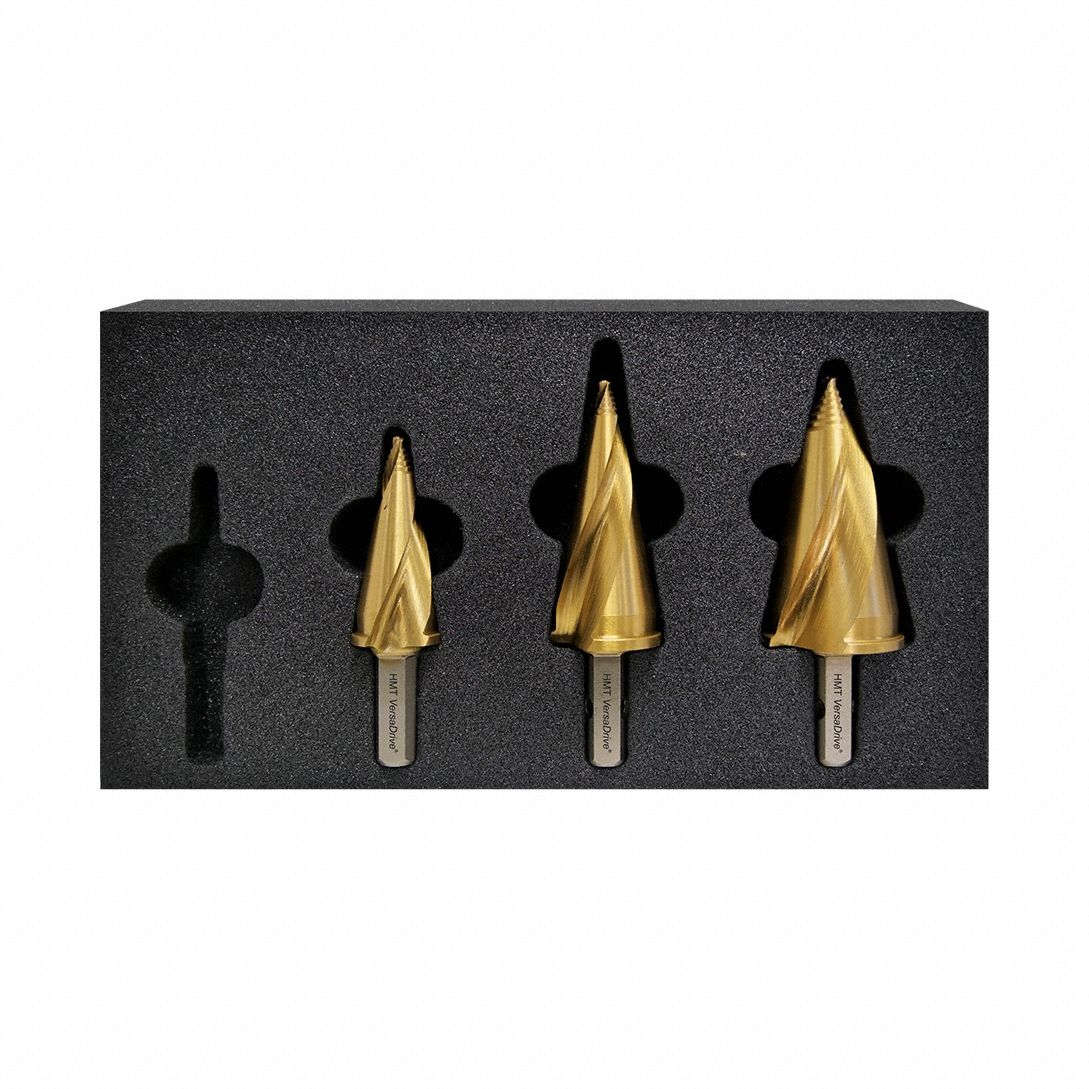 Step Drill Bit Set: 3 Pc, 5/16" to 1-1/4", TiN-Coated HSS, 135° Point