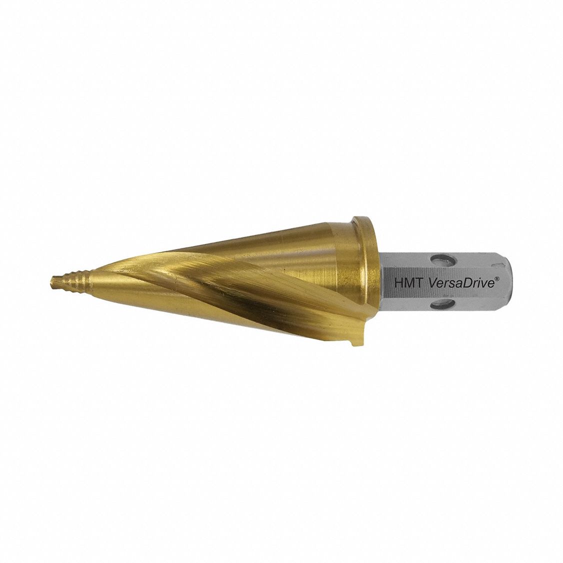 Step Cone Drill Bit: 5/16 in to 13/16 in, TiN-Coated HSS, Impact Rated, Hex Shank