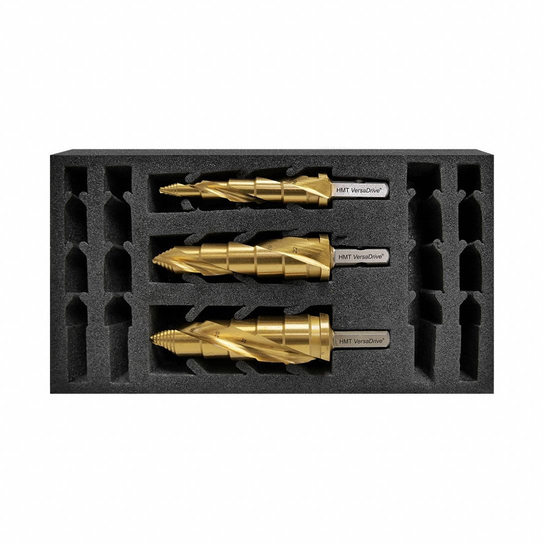 Step Drill Bit Set: 3 Pc, 5/16" to 1-1/16", TiN-Coated HSS, 135° Point