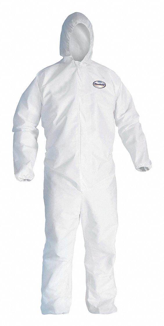 COVERALLS, HOODED, ELASTIC BACK/WRISTS/ANKLES, SERGED SEAMS, ZIPPER, WHITE, SIZE LARGE, PP SMS