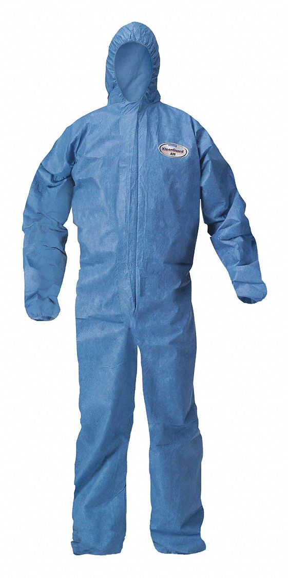 COVERALLS, HOODED, ELASTIC BACK/WRIST/ANKLE, SERGED SEAMS, ZIPPER, BLUE, SZ X-LARGE, KLEENGUARD