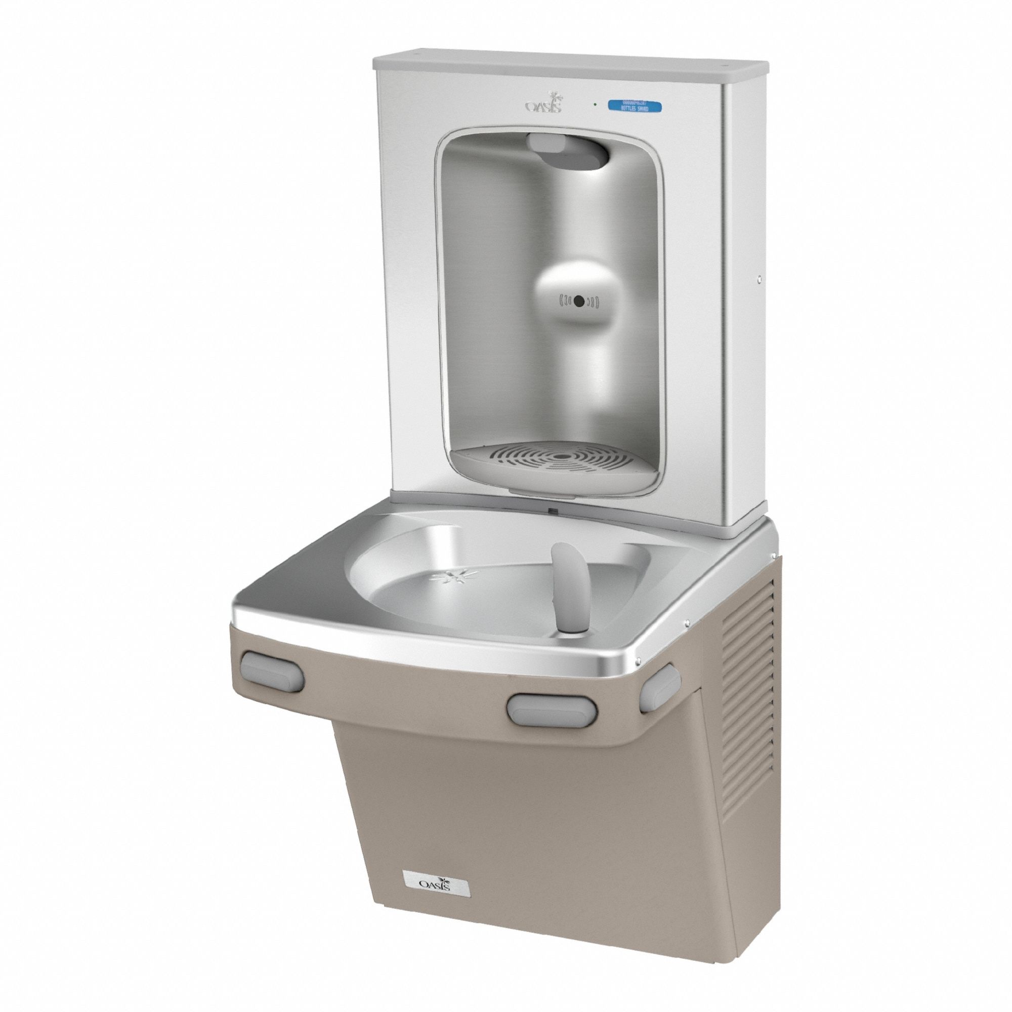 Drinking Fountain with Bottle Filler: On-Wall, 8 gph @ 50°F, Steel, Tan, 51 1/8 in Ht