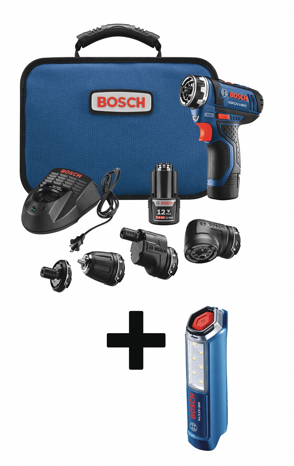BOSCH Drill, Cordless, 1700 RPM, 12V DC 508V24GSR12V140FCB22 + GLI12V300N Grainger