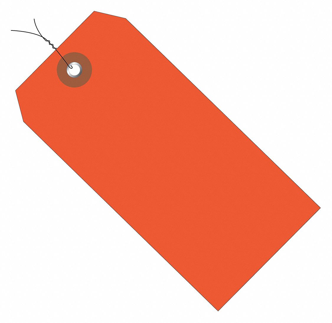 Wired Shipping Tag: #5, 4 3/4 in Tag Ht, 2 3/8 in Tag Wd, Orange, Plastic, Pre-Wired Tag, 100 PK