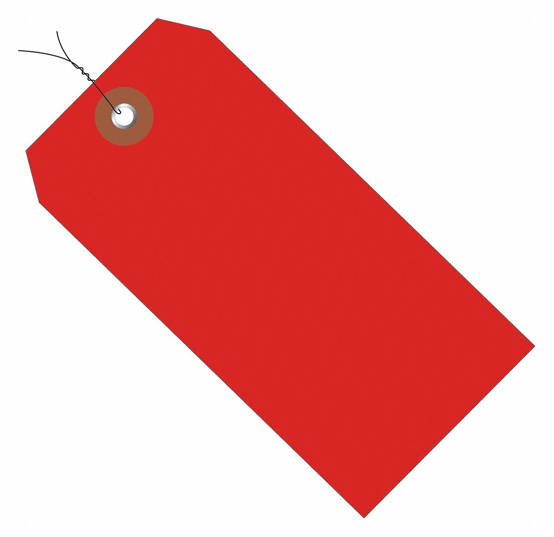 Wired Shipping Tag: #5, 4 3/4 in Tag Ht, 2 3/8 in Tag Wd, Red, Plastic, Pre-Wired Tag, 100 PK