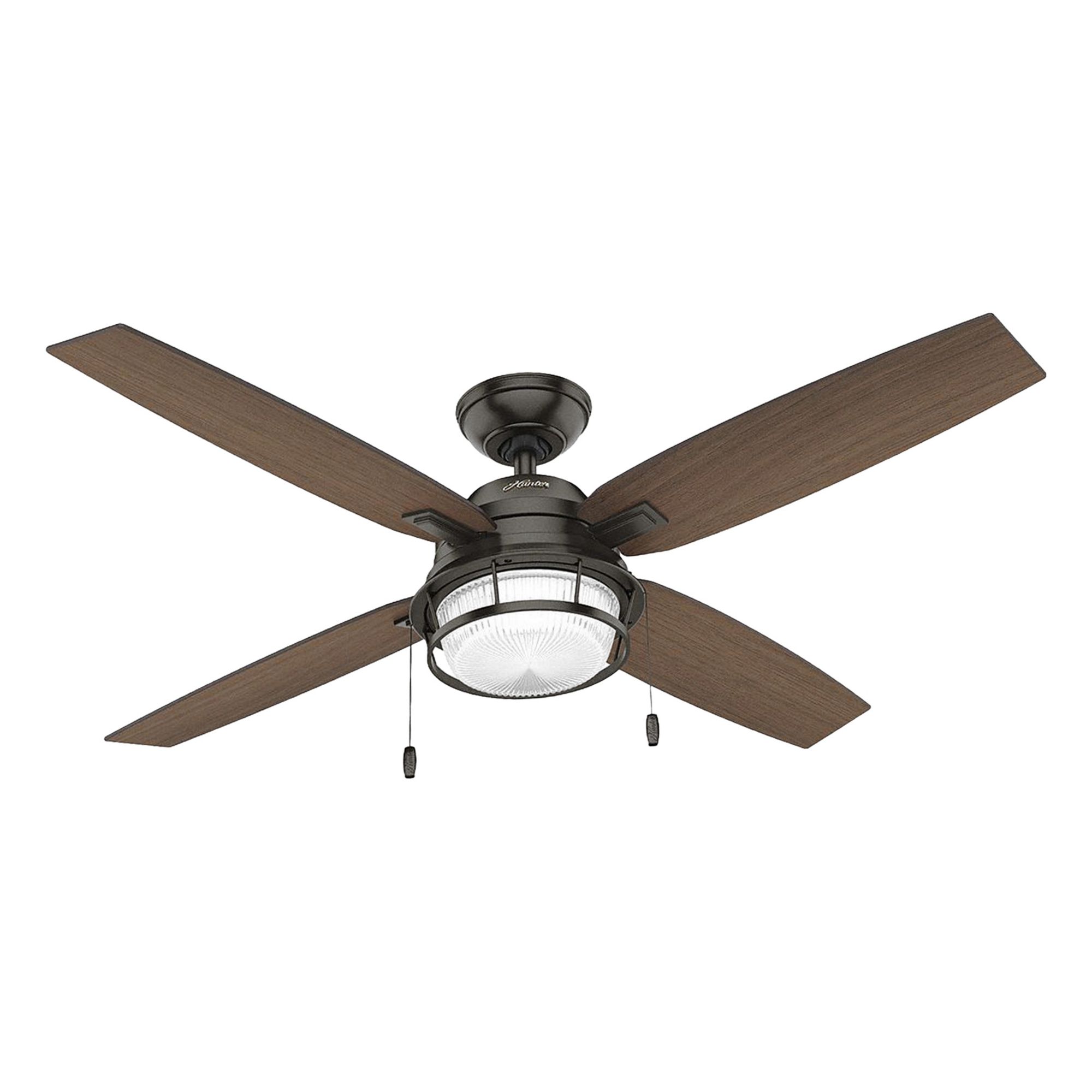 HUNTER Ceiling Fan: 52 in Blade Dia, Maple/Walnut, 3 Speeds, Light Kit, Ocala (MPN 59214). Key specifications — Finish: Maple/Walnut; Material: Galvanized; Series: Ocala; Light Kit: Yes; Number of Speeds: 3; Brand: HUNTER.