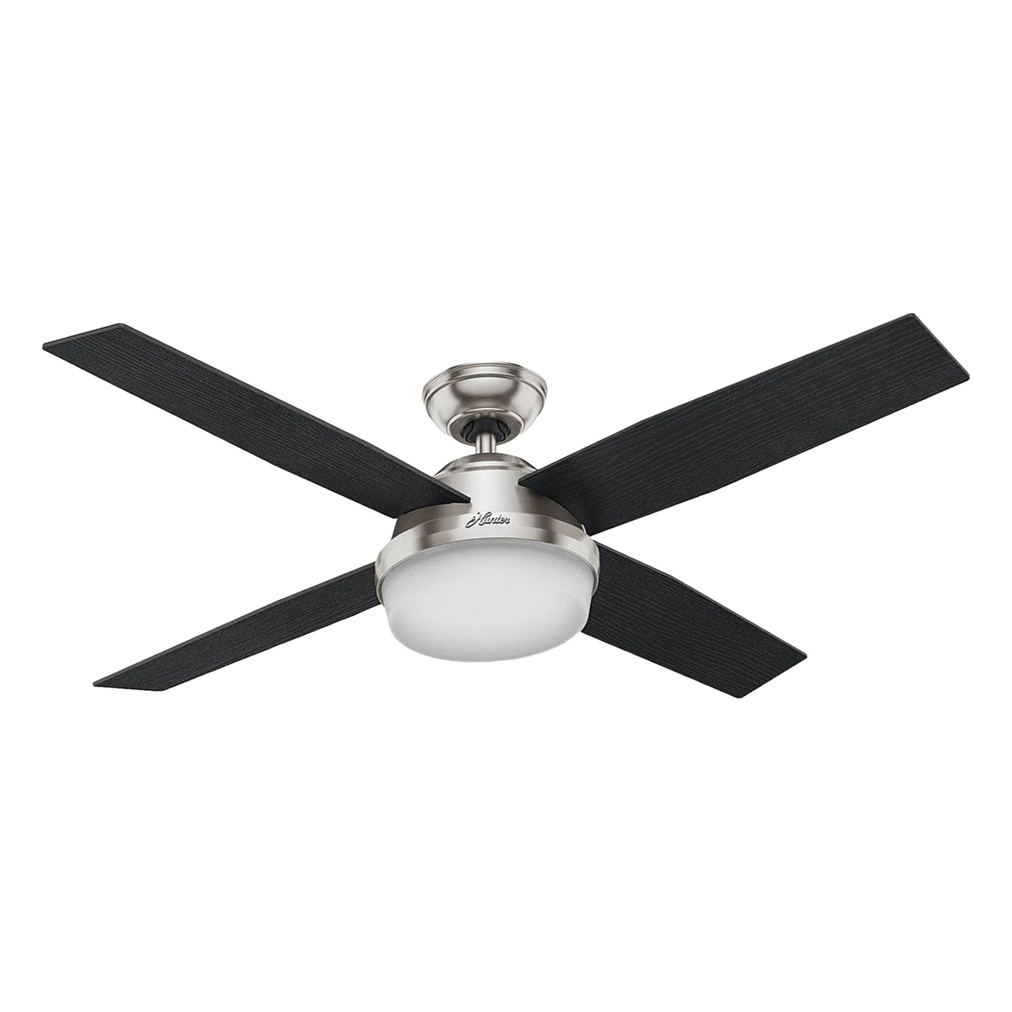 HUNTER Ceiling Fan: 52 in Blade Dia, Black Oak/Chocolate Oak, 3 Speeds, Light Kit, North Pond (MPN 59216). Key specifications — Finish: Black Oak/Chocolate Oak; Material: Galvanized; Series: North Pond; Light Kit: Yes; Number of Speeds: 3; Brand: HUNTER.