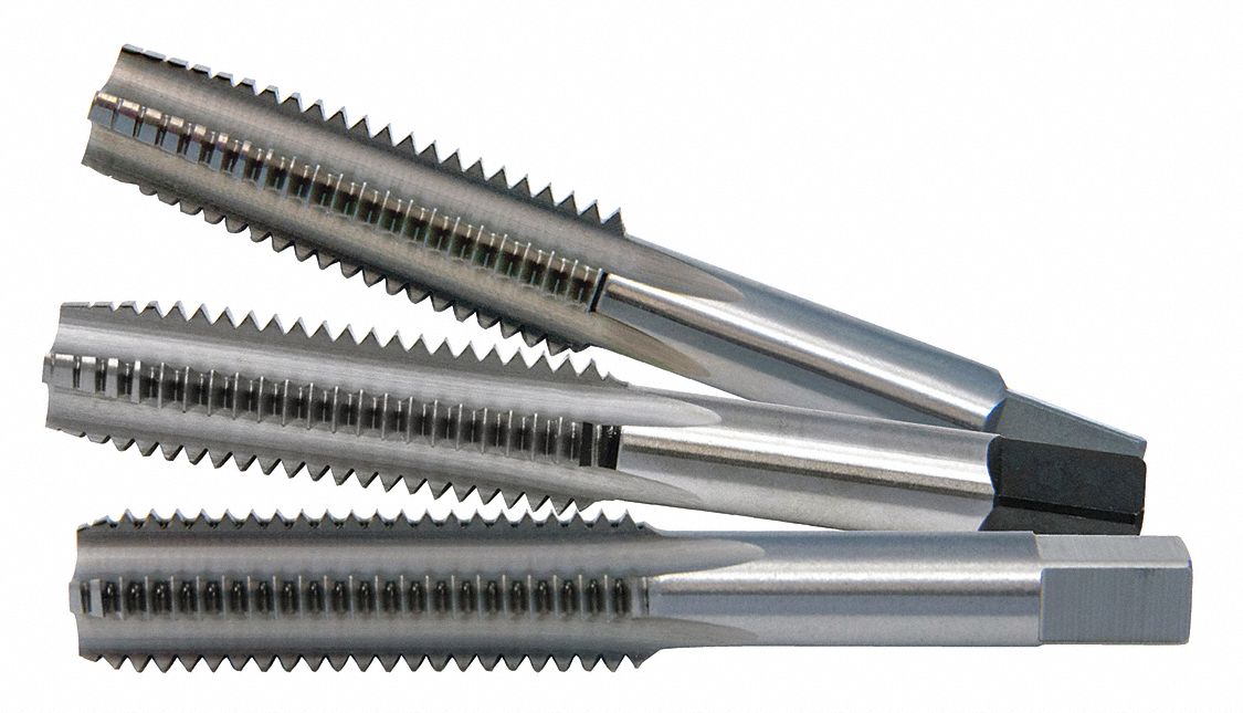 JEU TROIS TARAUDS À MAIN, FILETAGE TARAUD 1 PO-8, FILETAGE 2 1/2 PO LONG, 5⅛ PO LONG, ACIER RAPIDE