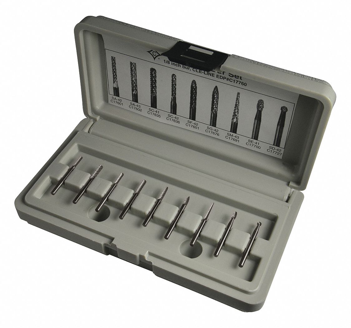 Carbide Bur Set: 1/8" Shank, Single Cut, 3/32" Head Dia, 9 pc