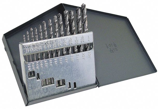 Jobber Length Drill Bit Set: 13 Pc, 1/16" to 1/4" by 64ths, 118° Point, HSS