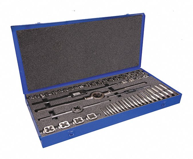 Tap and Die Set: 44 Pieces, 1/4"-20 Min. Tap Thread Size, 1"-14 Max. Tap Thread Size, Plug