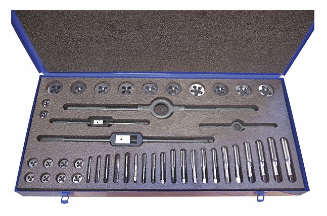 Tap and Die Set: 44 Pieces, 1/4"-20 Min. Tap Thread Size, 1"-12 Max. Tap Thread Size, Plug