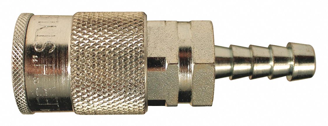 COUPLER, ⅜ IN THREAD, 250 °  F, STEEL, 4.81 IN L, 250 PSI AT 70 F, 2⅛ IN OD, ⅜ IN ID, HOSE BARB CONNECTION