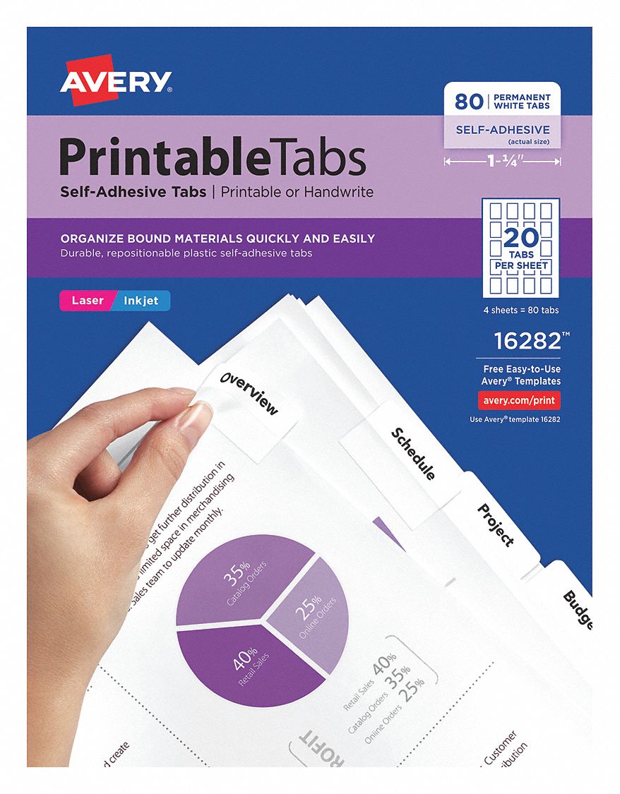 Printable Tabs,  1-3/4", White, PK80