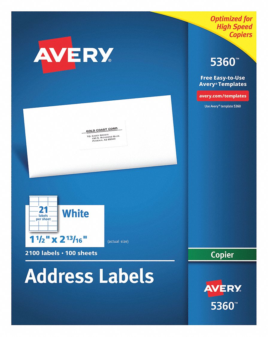 AVERY Copy Labels, 11/2x2.81, 21C, PK100 50MV225360 Grainger
